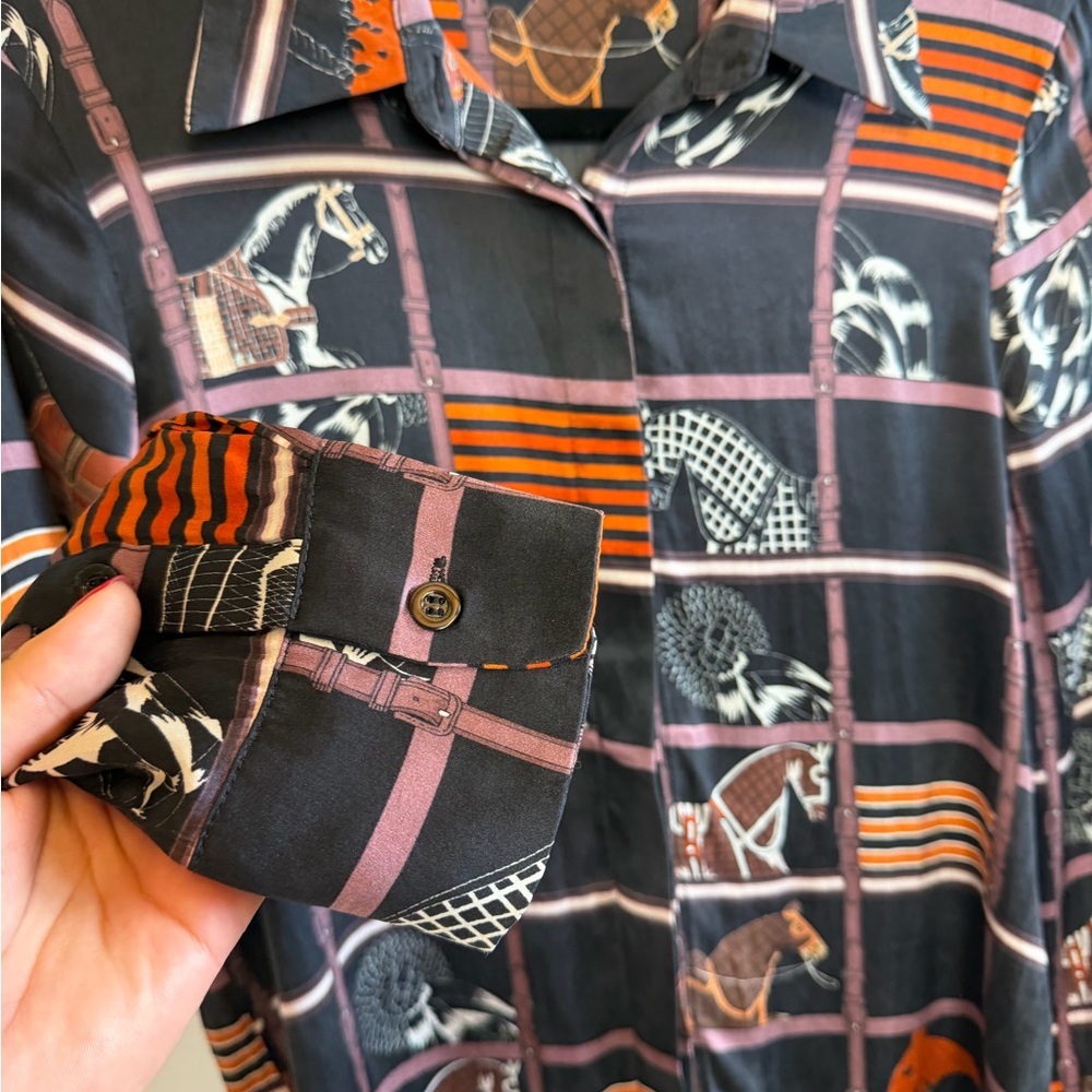 100% Silk Equestrian Horse Print Blouse Size L - Picture 4 of 9